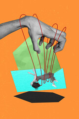 3d collage illustration abstract image of young hanging lady tied in problems powerless marionette...