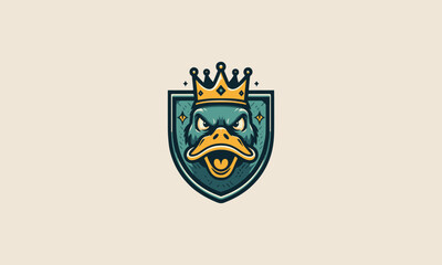 head duck angry wearing crown with shield vector mascot design