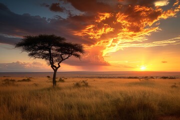 Fototapeta na wymiar A majestic African savanna landscape at sunset with a dramatic sky.