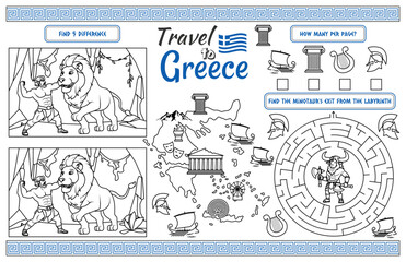 Fototapeta na wymiar A fun holiday placemat for kids. Print out the “Travel to Greece” rug with a labyrinth, find the differences, and find the same ones. 17x11 inch printable vector file 