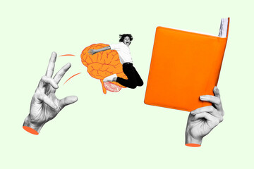 Creative collage picture illustration black white effect teenager scary young boy fly brain large book notebook hand orange