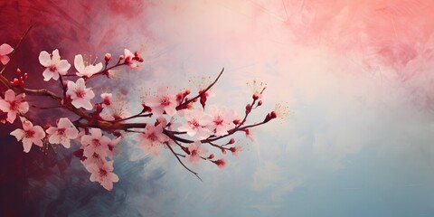 closeup of a beautiful flowering cherry tree branch on abstract blurred background in sunhine idyll, floral springtime background concept with copy space - obrazy, fototapety, plakaty