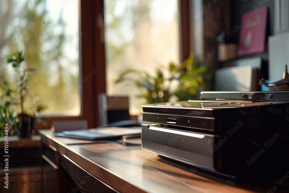 Poster A CD player placed on a wooden desk. Ideal for showcasing vintage technology or creating a nostalgic atmosphere