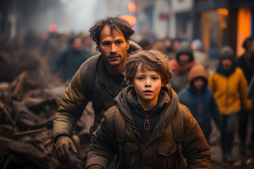 Fototapeta premium Father running while trying to evacuate from city war zone with little son