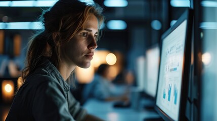Naklejka premium A woman seated in front of a computer monitor. Perfect for illustrating technology, remote work, or online communication