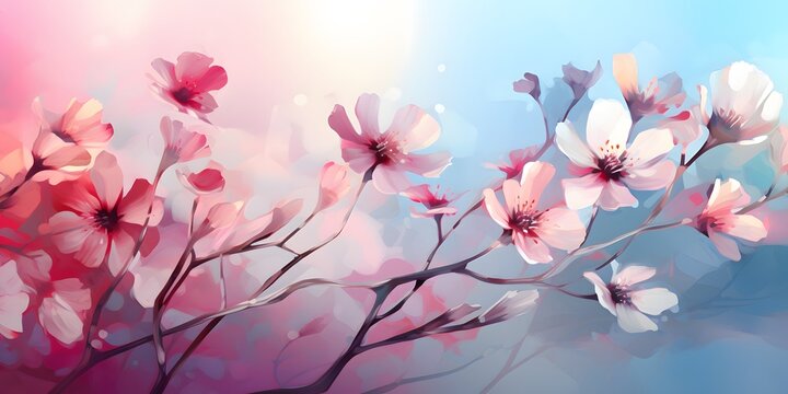 closeup of a beautiful flowering cherry tree branch on abstract blurred background in sunhine idyll, floral springtime background concept with copy space © Ziyan Yang