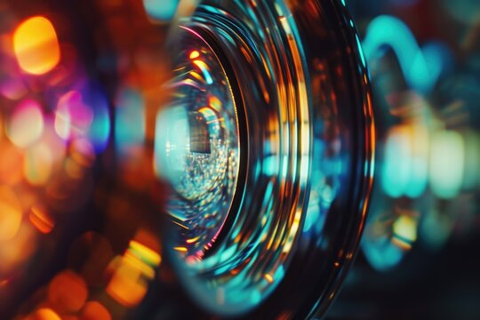 A close-up view of a camera lens with vibrant lights in the background. This image can be used to depict photography, technology, or creativity