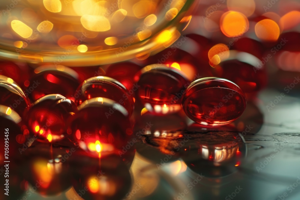 Poster a close-up view of a bunch of red glass balls. perfect for adding a festive touch to your holiday de