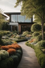 Obraz premium Luxurious landscaping in the home garden with various flowers, plants, shrubs, trees and a wooden path. The front yard of the house, Landscape, landscaping in spring and summer.