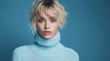 Foto op Plexiglas Portrait of a young beautiful lady in light blue color knitwear sweater and blue eyes looking at the camera © Sohaib q