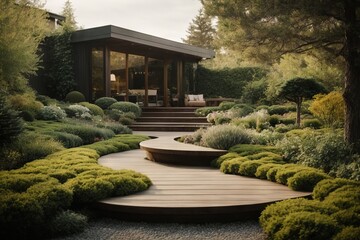 Luxurious landscaping in the home garden with various flowers, plants, shrubs, trees and a wooden...