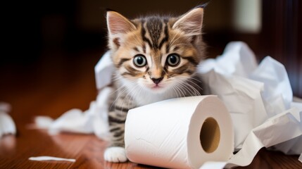 A mischievous kitty caught in the middle of unraveling toilet paper