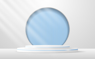 White podium with elegant blue lines and a blue slatted backdrop set in a circular window for displaying advertisements. Display of cosmetic products. Stage or podium. vector illustration	 - obrazy, fototapety, plakaty