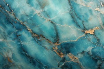 Close up texture of turquoise marble with intricate gold and white veins.