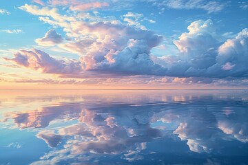 Fototapeta na wymiar Serene seascape with voluminous clouds reflecting in calm waters during sunrise or sunset.