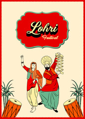 Happy Lohri festival, Panjabi couple dancing vector illustration with Indian festival background