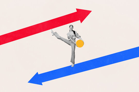 Creative image collage picture happy cheerful young girl hold ball circle standing arrows upwards backwards increase decrease results