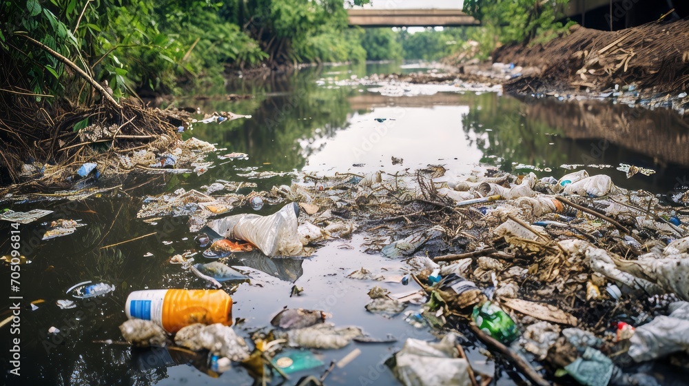 Poster a polluted river with trash and debris floating on the surface