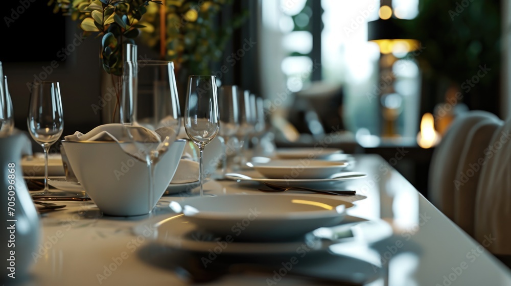 Aufkleber a table set for a formal dinner with white plates and silverware. perfect for elegant events and fin
