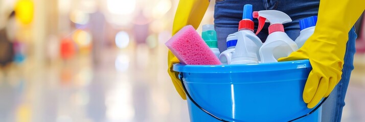 Janitorial Essentials in Blue Bucket.
Close-up of cleaning supplies in a blue bucket held by person.