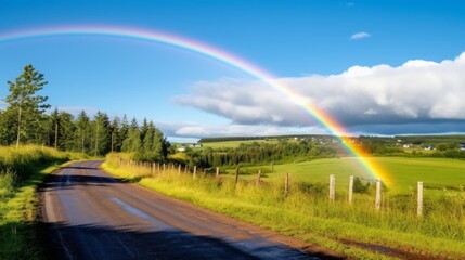 A rainbow appearing over a quiet rural road