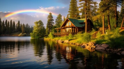 Fototapeta premium A rainbow arching over a serene lakeside cabin