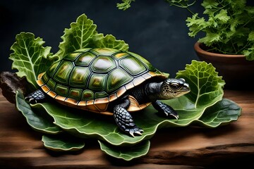 a heartwarming composition where a little  turtle relishes a wholesome lettuce salad, with perfect lighting that highlights the freshness of the greens 