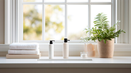 bathroom table with towels, cosmetics with a background of a window, minimalist style