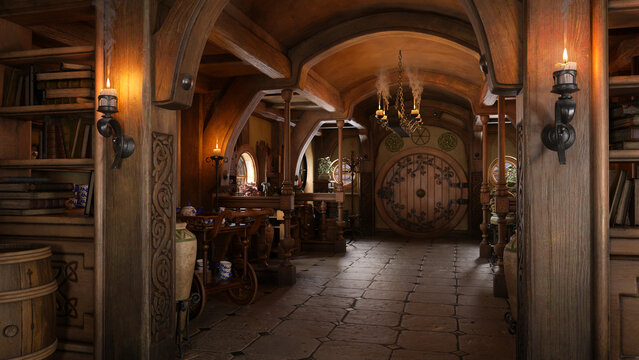 Entrance hallway of a small cosy fantasy halfling house with wooden furniture, beams, round windows and door. 3D rendering.
