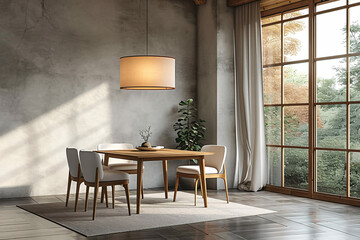 Industrial Loft Dining Area, Modern Minimalist Interiors, Sunlit Space with Urban Elegance, Chic Simplicity