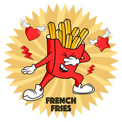 french fries, vintage emblem, vector illustration, groovy retro style, fries vector illustration, fries and a man. vector illustration.