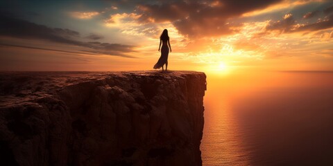 Woman standing on cliff edge at sunset - obrazy, fototapety, plakaty