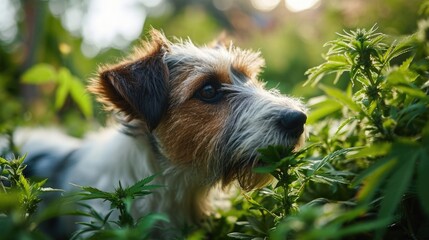 Dog sniffing marijuana leaf. CBD oil is used in veterinary medicine as a sedative and pain reliever. Marijuana pets concept