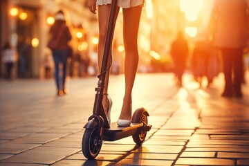 Young woman riding electric scooter on city street. Eco-friendly transport concept.