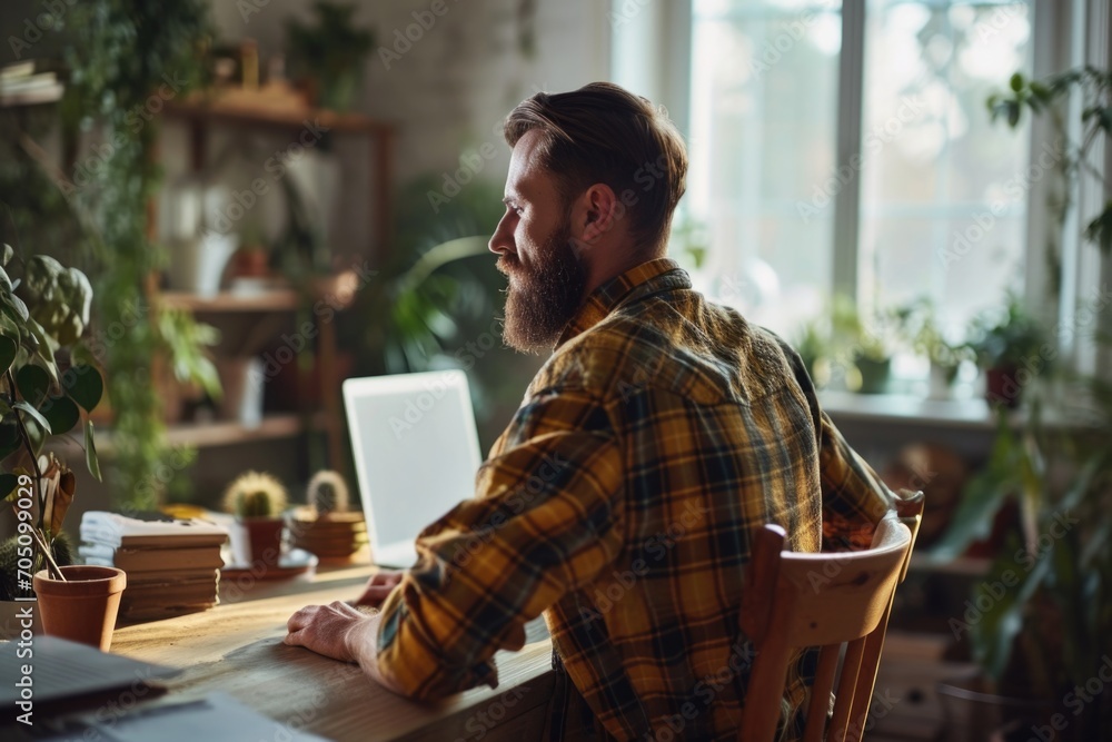 Poster a man sitting at a table with a laptop, suitable for office or remote work settings