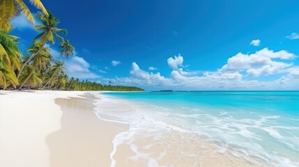 Beautiful tropical beach banner. White sand and coco palms travel tourism wide panorama background...