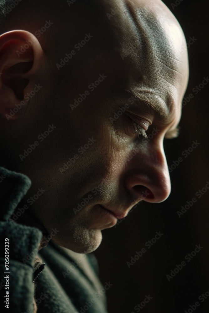 Poster A close-up view of a man looking down. Suitable for various uses