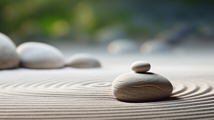 Tranquil zen garden with smooth stones and raked sand patterns