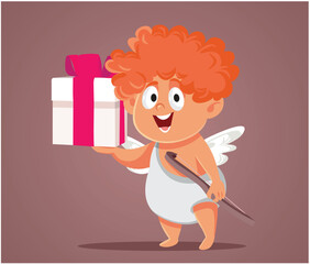 Cute Cupid Holding a Gift Box Vector Cartoon illustration. Happy cherub angel delivering a present in the name of love  

