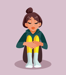 Sad Teen Sitting on the Ground Suffering Alone Vector Illustration. Upset teenager suffering from mental health problems and traumatic experiences 
