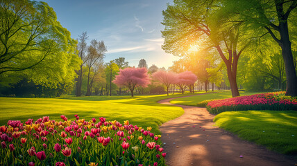 Spring Landscape and  blooming flowers green parks