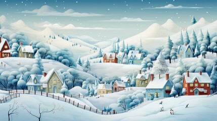 Cartoon style holiday artwork depicting a joyful winter village.