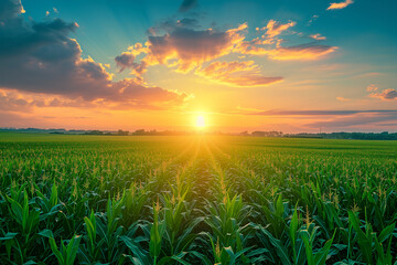 Sunset over corn field with blue sky and clouds