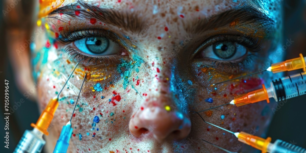 Poster A detailed close-up of a person with vibrant face paint. Perfect for adding a touch of creativity and color to your projects