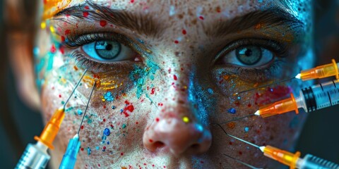 A detailed close-up of a person with vibrant face paint. Perfect for adding a touch of creativity...