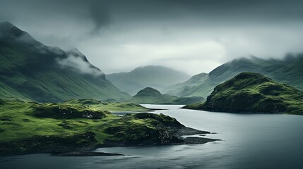 Rugged scottish landscape with rolling hills and a misty loch - obrazy, fototapety, plakaty