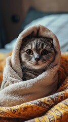 Cat Wrapped in Blanket on Bed - Cozy Domestic Scene of a Feline Comfortably Covered on a Sleeping Surface