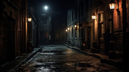 Fototapeta na wymiar Dark alleyway in a haunted town with eerie lantern light