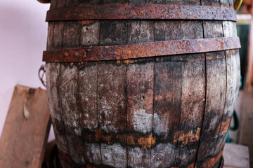Old wooden barrel for storing wine.