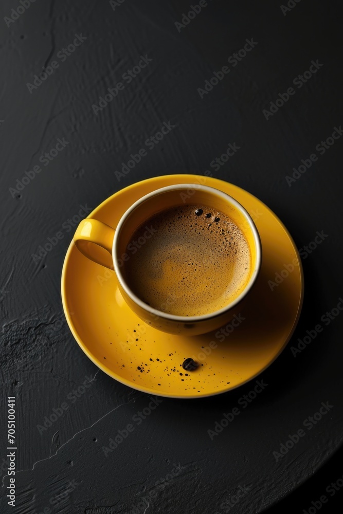 Poster A cup of coffee resting on a saucer placed on a table. Ideal for various uses